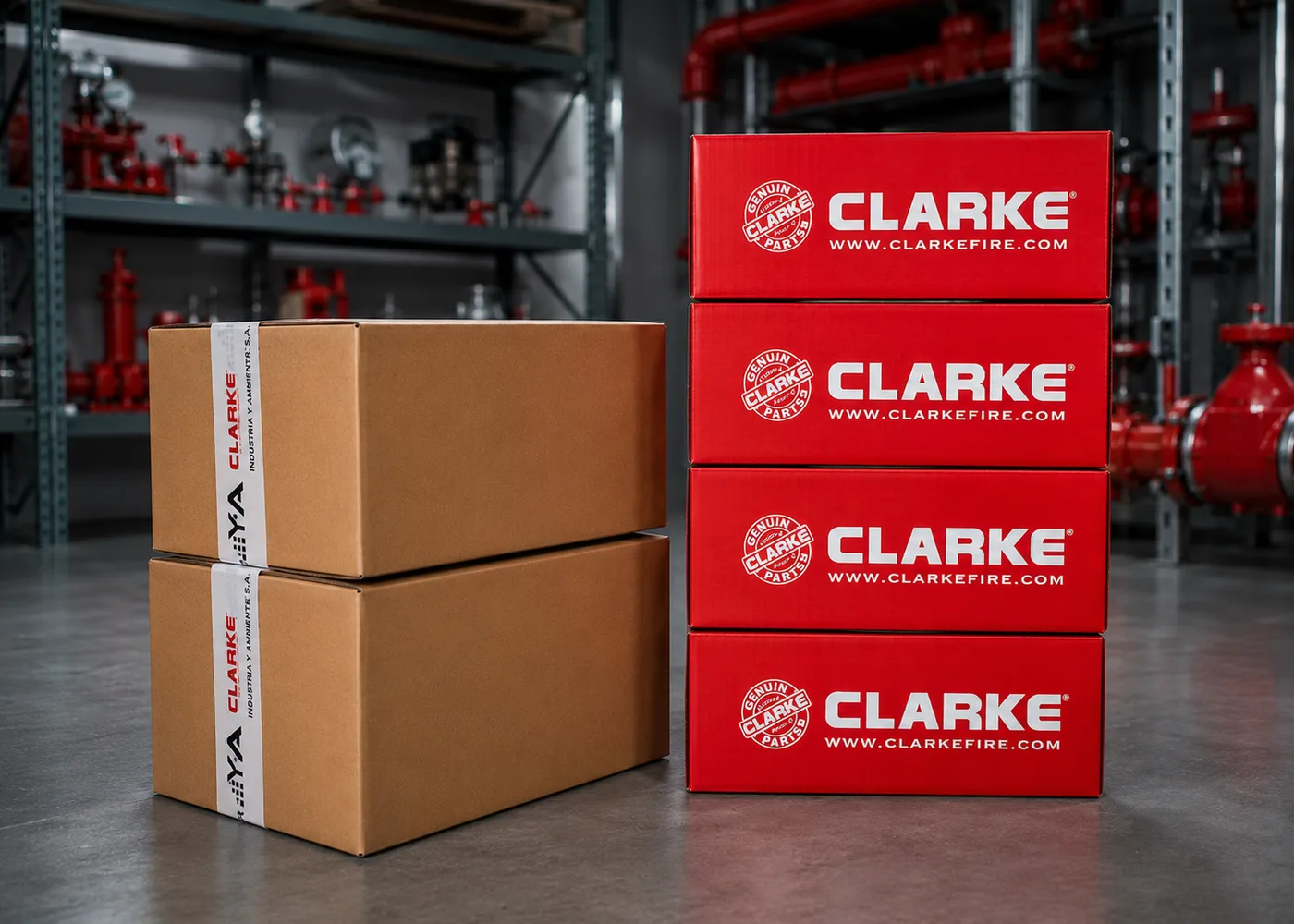 Cajas de repuestos originales Clarke en el depósito de Industria y Ambiente